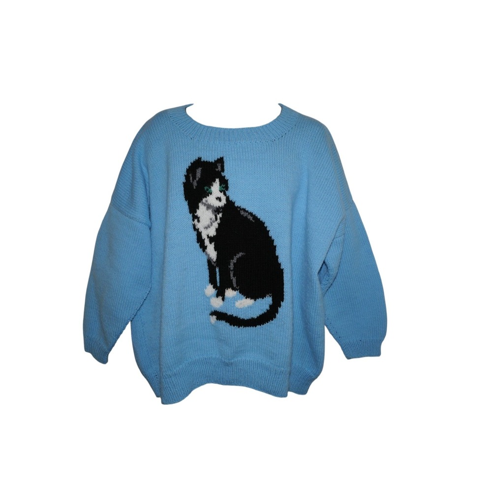 Vintage Mary Maxim Hand Knit Cat Sweater Plus Size 4XL 64" Blue Novelty Unisex